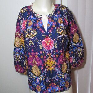 Talbots Blue Floral Blouse Top Cotton Scalloped Neck